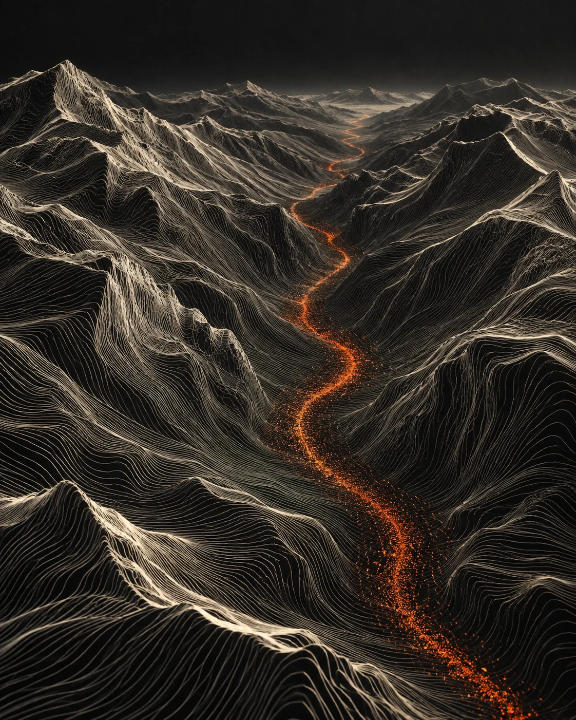Fine contour lines forming a mountain landscape, with an orange path running through the valley