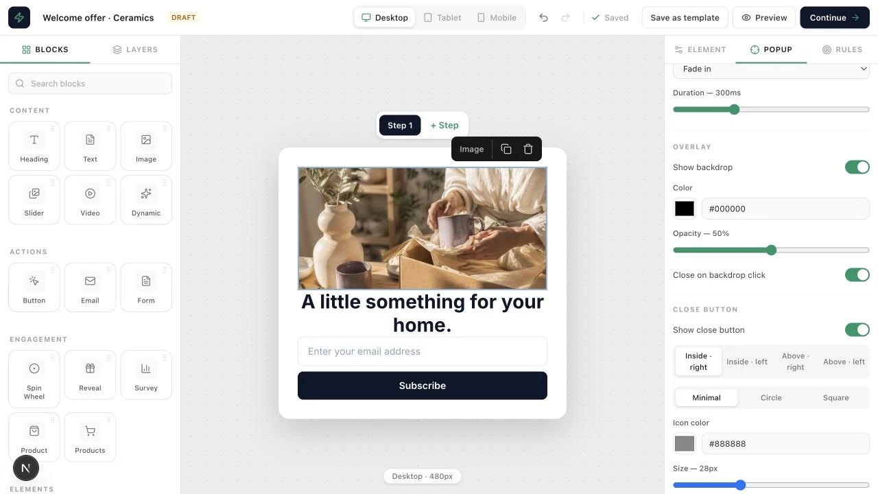 Official EngagePop screenshot of the visual popup campaign builder